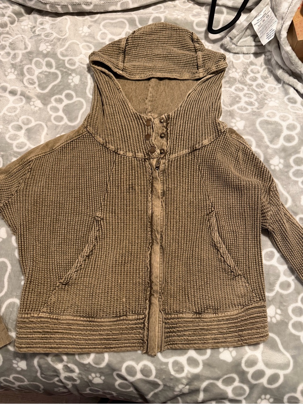 Women's Hooded Waffle-Knit Zip Cardigan in Tan